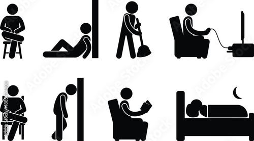 Daily routine activities of a person illustrated with simple icons