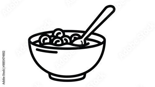 a simple black and white bowl of cereal with a spoon silhouette