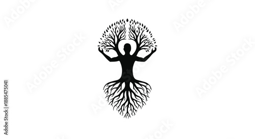 Stylized tree person illustration with branches and roots, symbolizing nature and growth, for environmental and wellness concepts