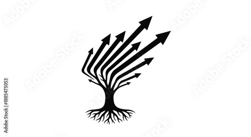 Business growth concept with tree roots and upward arrows on white background, symbolizing success and progress in finance, marketing, and entrepreneurship