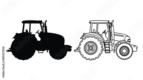 a black and white illustration of two tractors side by side silhouette
