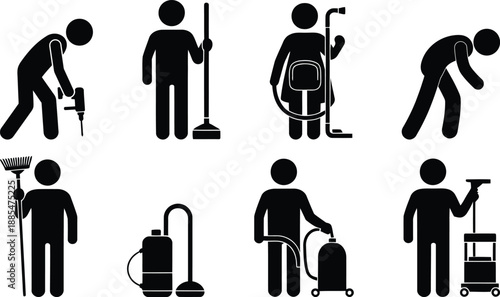 Cleaning person silhouette with various cleaning tools