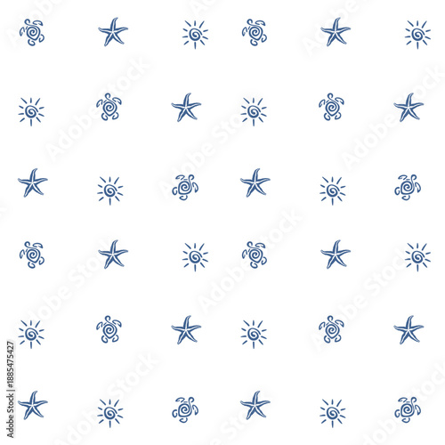 Blue Nautical Sketch Seamless  Pattern with Turtles and Starfish