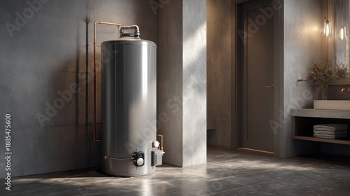 A modern water heater unit installed in a contemporary utility room for efficient home heating. AI generated image