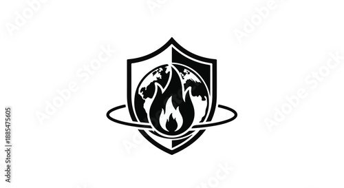 Shield protecting globe with flame symbolizing security and safety concept in black and white
