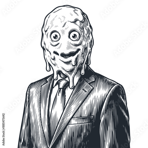 A surreal character in a business suit with a melting, dripping head. A retro, hand-drawn vector illustration in a vintage engraving or woodcut style.