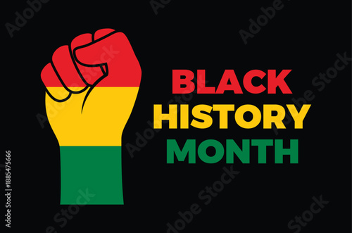 Black History Month poster with clenched fist vector illustration. Pan-African flag hand raised fist icon on a black background. Template for background, banner, card. Important day