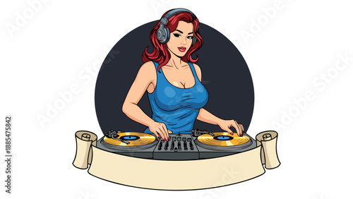 Vector illustration of a female DJ spinning tracks at a nightclub, energetic atmosphere, vibrant colors, dynamic movement