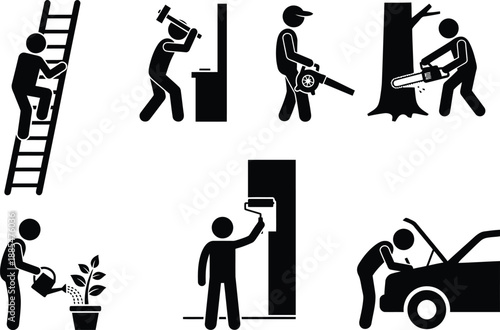 Various people engaged in different maintenance activities