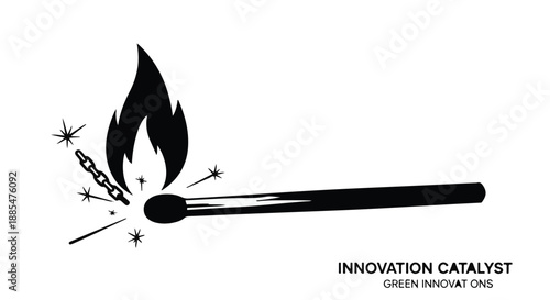 Innovation catalyst concept with matchstick flame and sparks on white background for business creativity and entrepreneurship