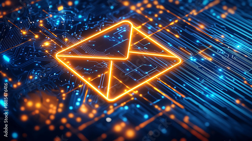 Glowing digital envelope icon on futuristic circuit board background