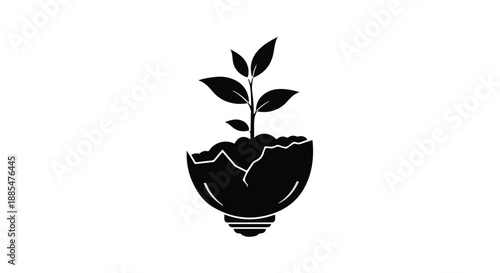 Sprouting plant growth from cracked pot symbolizing resilience and new beginnings in minimalistic black and white illustration