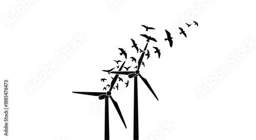Wind turbines with flying birds eco friendly renewable energy silhouette illustration for sustainable power concept