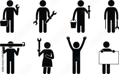 Collection of silhouette people with various tools and objects