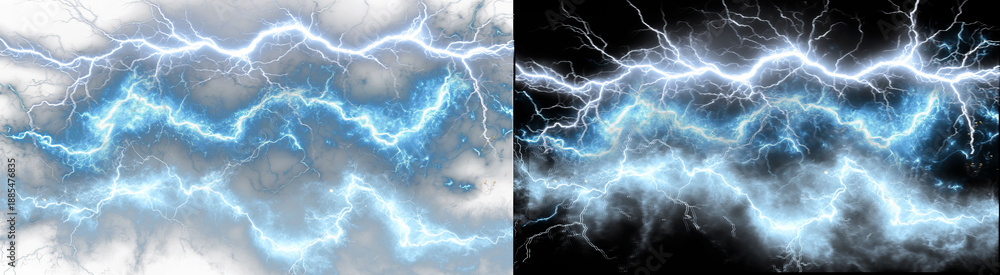 Fototapeta premium PNG image of&nbsp;Intense blue electrical lightning storm energy bursts on transparent background