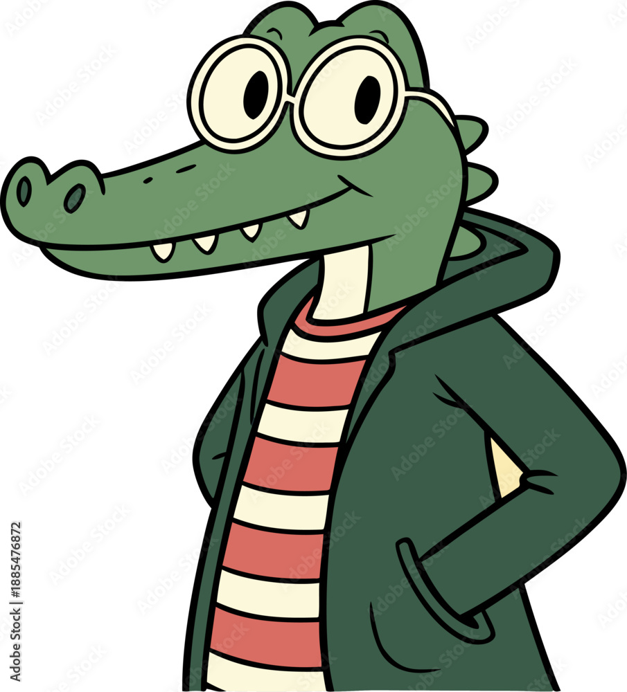 Obraz premium Green cartoon crocodile wearing glasses and hoodie with red striped shirt