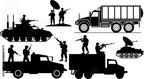Military vehicles and soldiers in combat gear with weapons on trucks and tanks