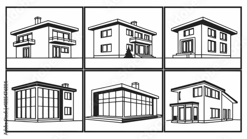 Six modern house designs in black and white line art with various architectural styles