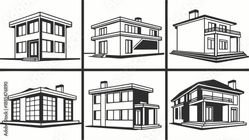 Six modern house designs in black and white line art with various architectural styles and layouts