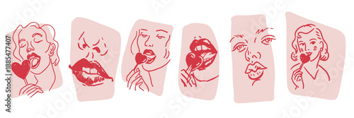 Doodle style lips and lollipop illustration for a trendy valentine day romantic greeting card design