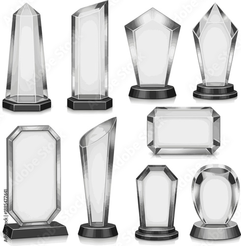 Isolated a kinds of deferent realistic Prize award with blank glass or acrylic 3d rendering vector art with white background..