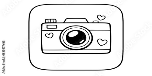 A professional vector design of a digital photo camera icon featuring a lens, shutter button, and flash symbol to represent modern photography equipment and technology