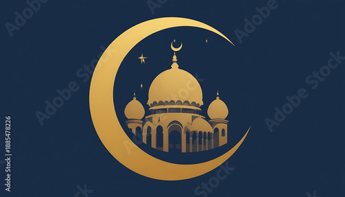 A religious Eid background featuring a stone mosque with a dome and Islamic calligraphy, capturing the ancient architecture and culture of a historic city landmark under a clear sky