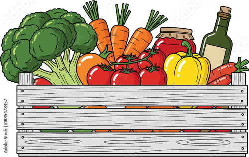 Wooden crate filled with fresh vegetables olive oil and organic food healthy grocery flat vector illustration