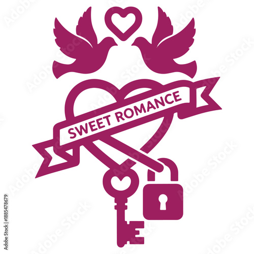 Sweet Romance Illustration with Heart Key Lock and Doves on Transparent Background