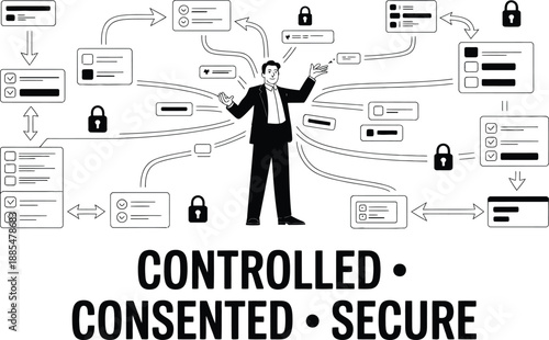 Man in Suit Surrounded by Flowchart and Padlocks