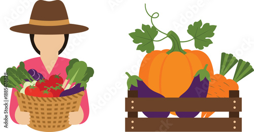 Farmer holding basket of fresh vegetables with pumpkin carrot and eggplant harvest flat vector illustration
