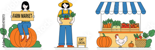 Farmers market concept with woman selling organic vegetables local food stall and sustainable lifestyle flat vector illustration