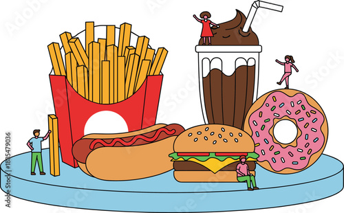 Fast food concept illustration with giant burger fries donut soda and tiny people enjoying junk food flat vector