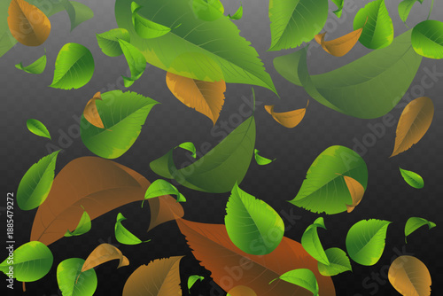 Flying green and autumn leaves on transparent background.