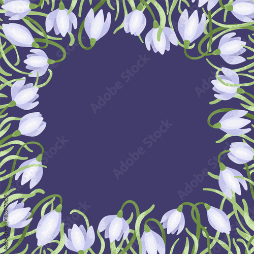 Snowdrop flower frame with copy space. Flat vector illustration in pastel blue and green colors, hand drawn texture on dark background. Perfect for spring greeting cards, wedding design