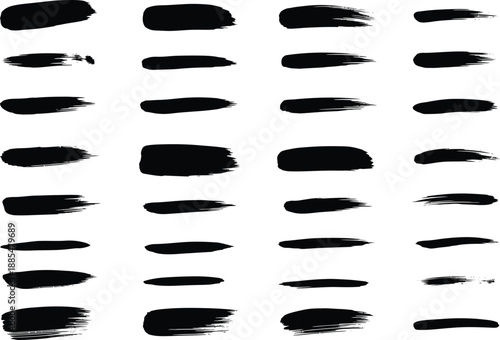 Collection of 24 black ink brush stroke textures and shapes on a white background, perfect for artistic design elements and grunge effects.