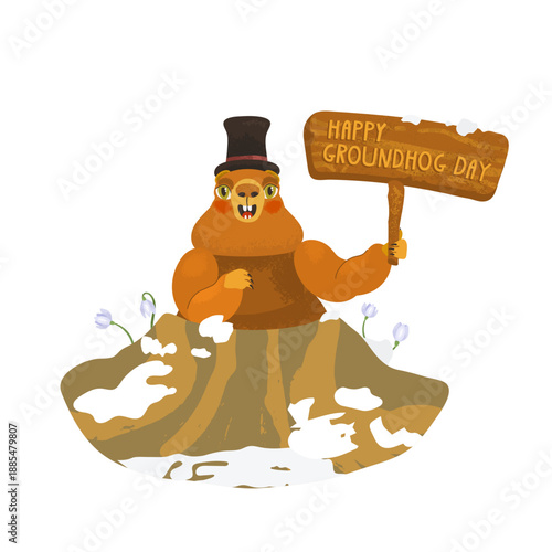 Groundhog in a top hat has climbed out of a hole and is holding in his hand a wooden textured plaque with the inscription happy Groundhog Day
