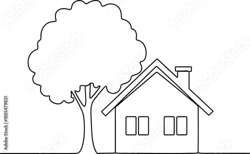 Simple line art illustration of a house and a tree, created with a single continuous line, conveying a sense of home and nature.