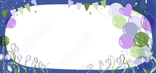 An invitation template for a spring party. With purple green blue balloons, snowdrop, festive flags