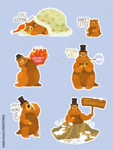 Set of groundhog day stickers, wildlife vector illustration