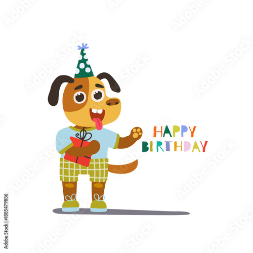 A cute dog in a festive hat is holding a gift. Happy birthday inscription. Perfect for greetings and postcards