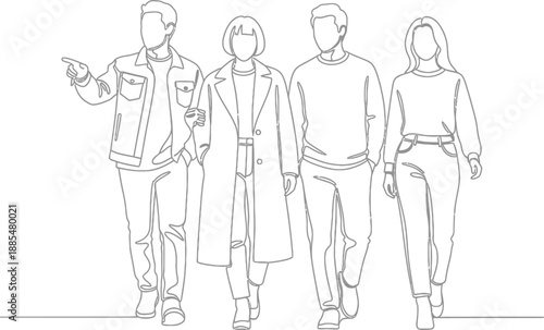 One line drawing of four diverse people walking together, conveying teamwork, unity, community, and friendship in a minimalist style.
