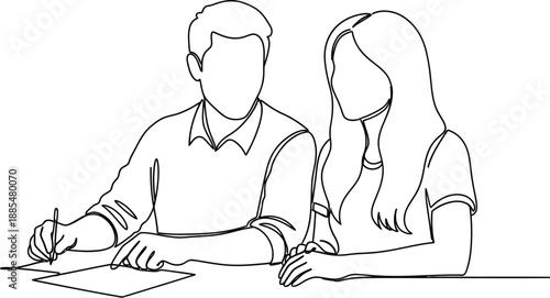 Minimalist single line illustration of a man and woman collaborating at a desk, signing a document, representing business, agreements, and teamwork.