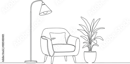 Minimalist single line drawing of a cozy armchair next to a floor lamp and a potted plant, creating a simple and elegant Scandinavian interior scene.