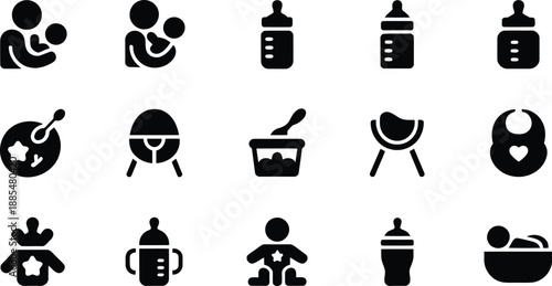 A comprehensive collection of black icons depicting baby care essentials, parents, and infant feeding items