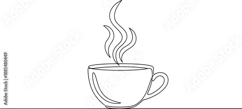 Minimalist line art illustration of a steaming cup of hot coffee or tea, ideal for representing warmth, comfort, and morning routines.