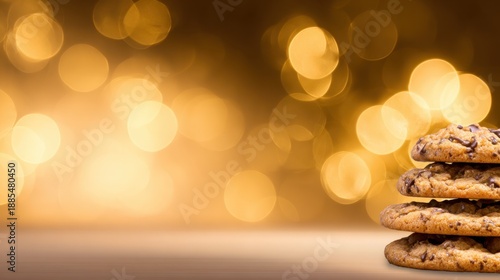 Stack of chocolate chip cookies rests on a wooden table with warm golden bokeh in the backdrop inviting warmth