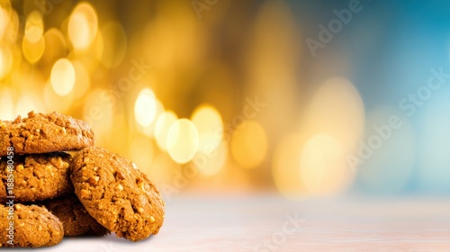 Crispy cookies stacked on a wooden surface under warm bokeh lights, creating a cozy dessert scene. With glow!