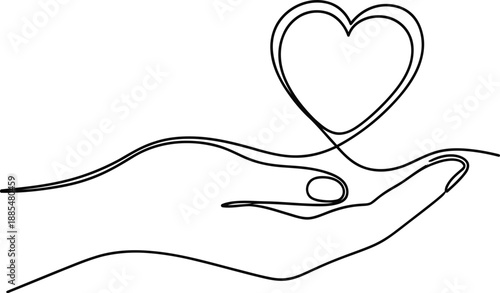 Minimalist continuous line art of a hand offering a heart shape, representing love, kindness, support, and charitable giving.