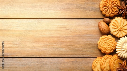 A wooden table edge holds a vertical row of cookies in brown and cream tones arranged on a warm natural plank